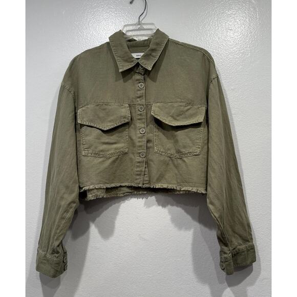 MNG Tops - MNG Cropped Utility Shirt Green Womens Size XS Oversized Frayed Hem Button Front